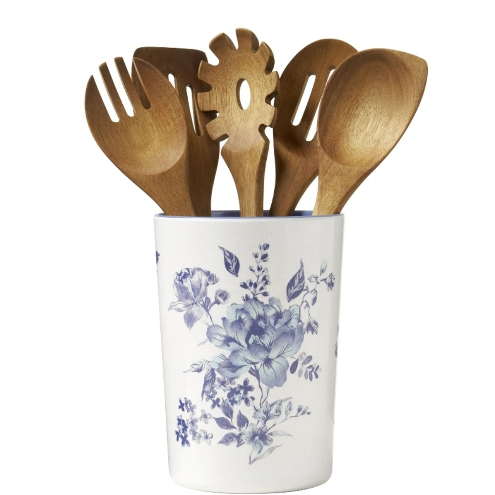 ❤️ New Pioneer Woman Delilah Floral Utensil Holder with Acacia Wood Uten…